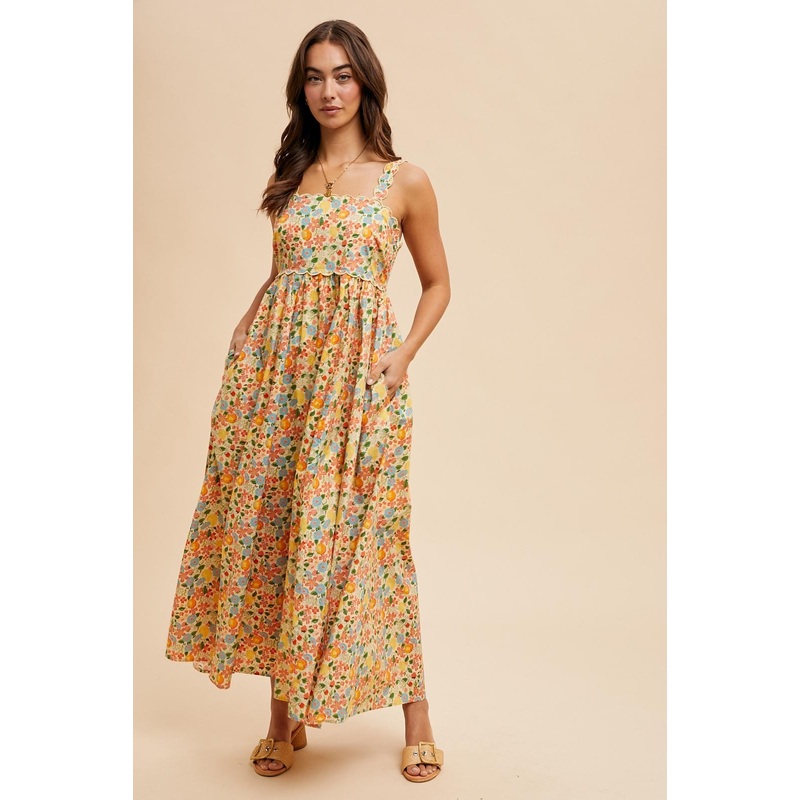 Yellow Floral Scallop Detail Sleeveless Maxi Dress