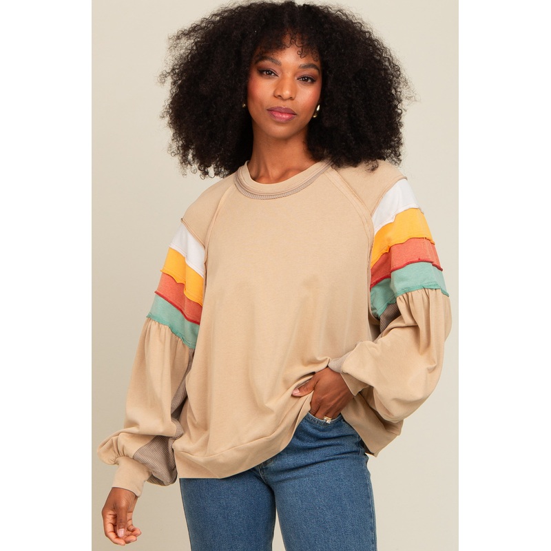 Beige Colorblock Bubble Sleeve Pullover