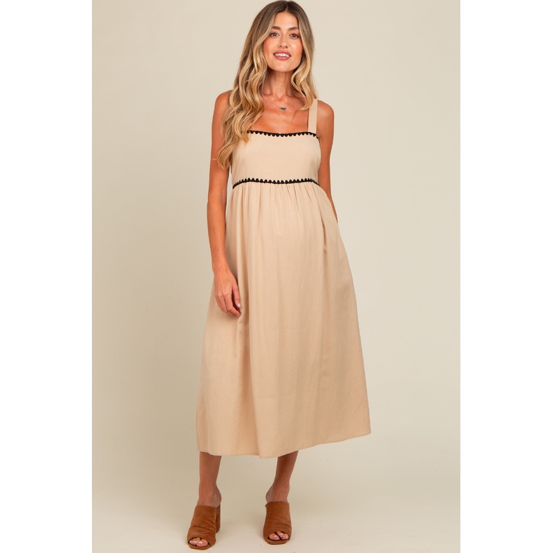 Beige Contrast Trim Maternity Midi Dress
