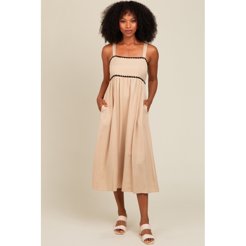 Beige Contrast Trim Midi Dress