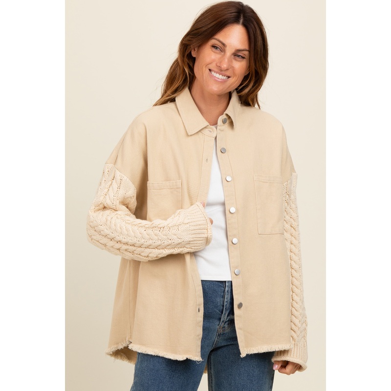 Beige Denim Cable Knit Contrast Jacket