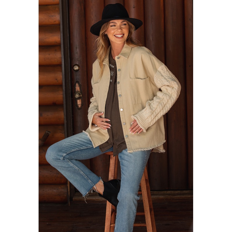 Beige Denim Cable Knit Contrast Maternity Jacket