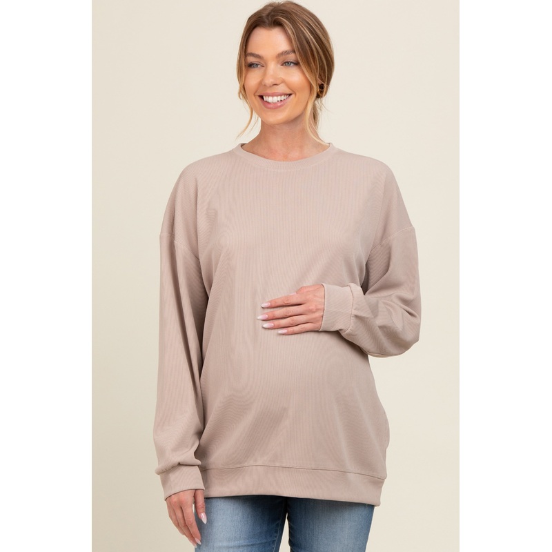 Beige Drop Shoulder Maternity Sweatshirt