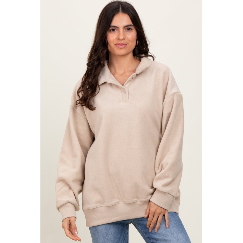 Beige Fleece Collared Button Up Pullover