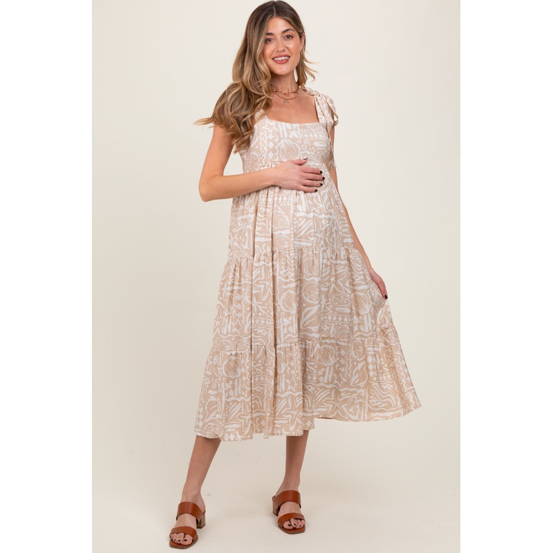 Beige Printed Tie Strap Tiered Maternity Midi Dress