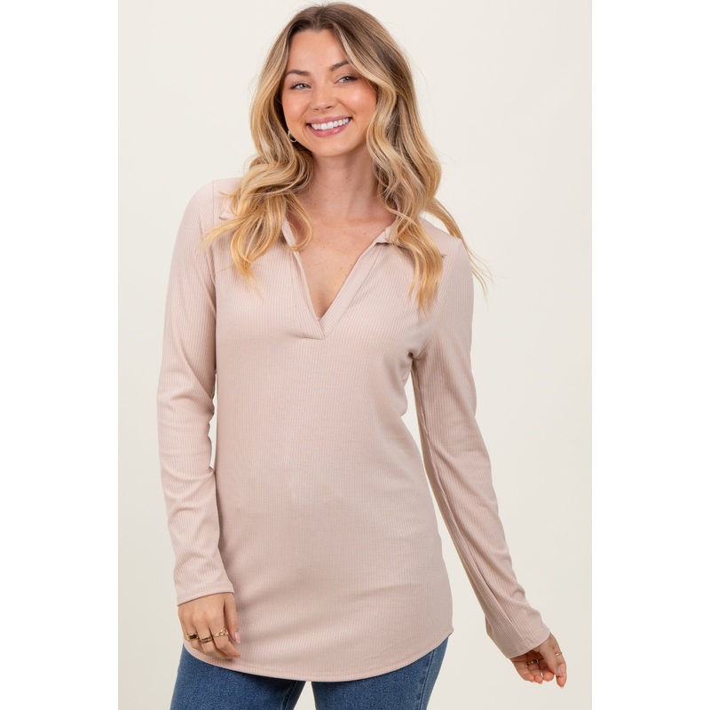Beige Ribbed Collared Long Sleeve Top