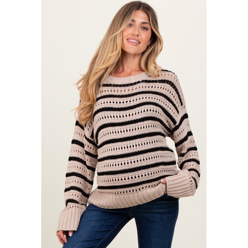 Beige Striped Crochet Knit Maternity Sweater