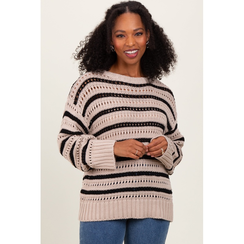 Beige Striped Crochet Knit Sweater