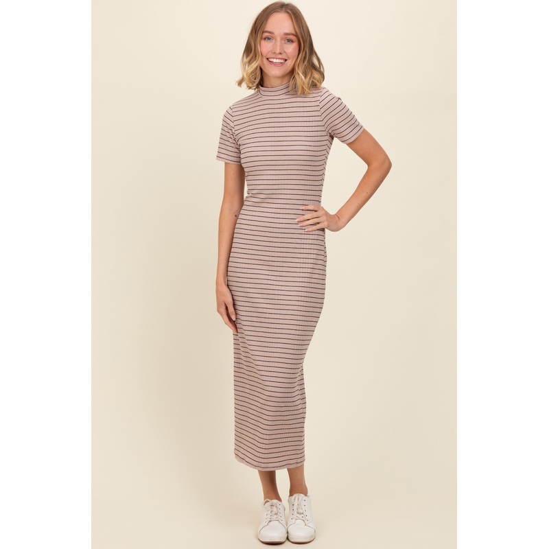 Beige Striped Mock Neck Fitted Midi Dress