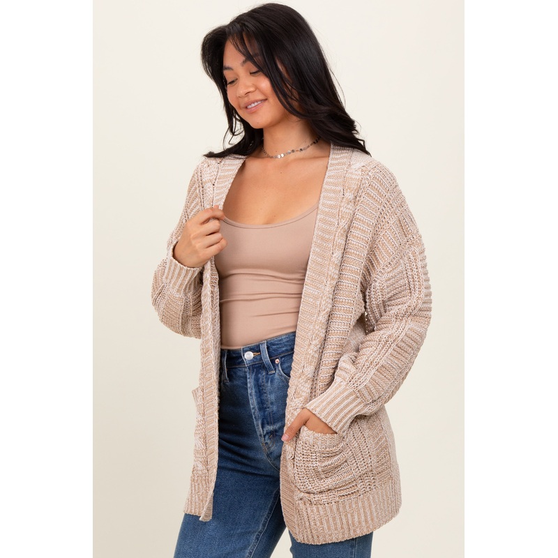 Beige Two Toned Oversized Cable Knit Cardigan