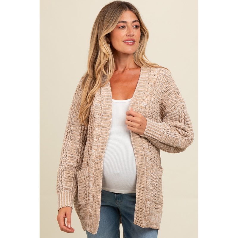 Beige Two Toned Oversized Cable Knit Maternity Cardigan