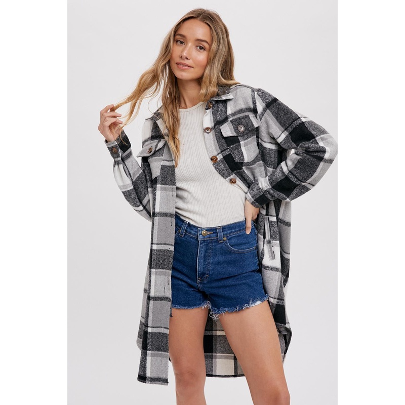 Black Plaid Fleece Long Shirt Jacket