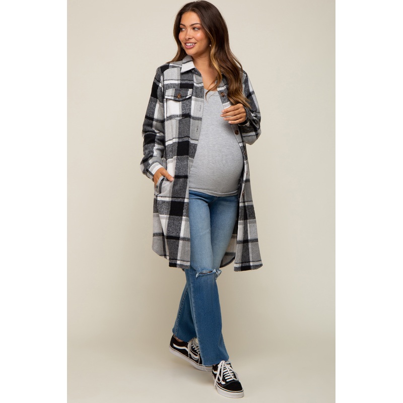 Black Plaid Fleece Maternity Long Shirt Jacket