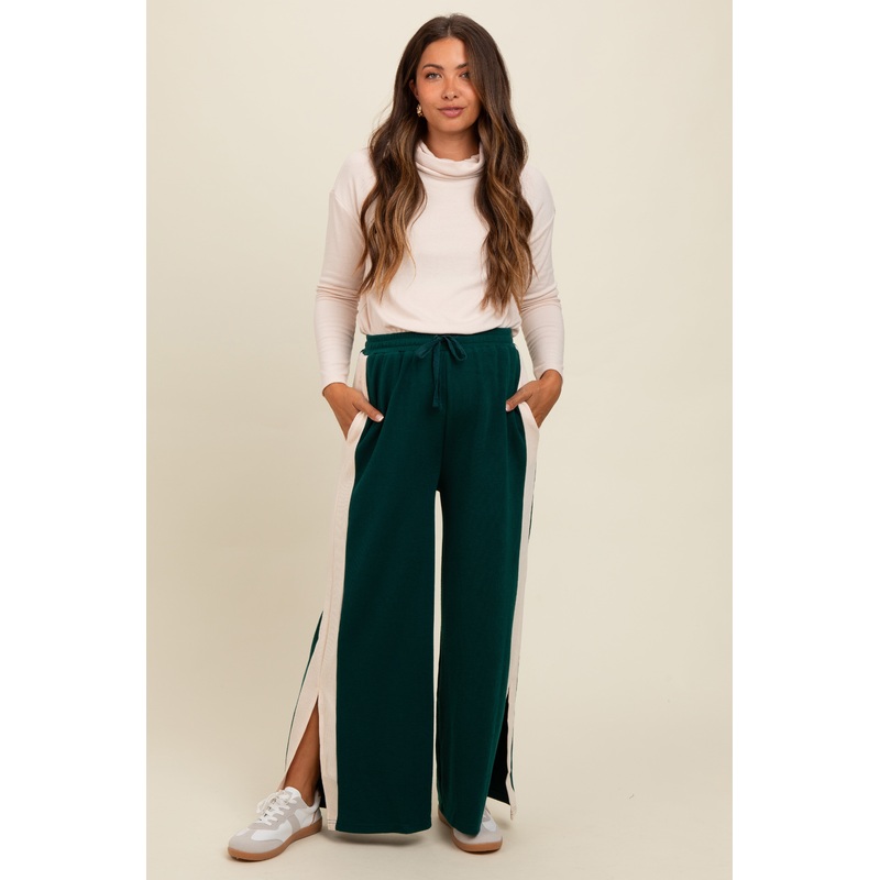 Forest Green Contrast Stripe Side Slit Maternity Pants