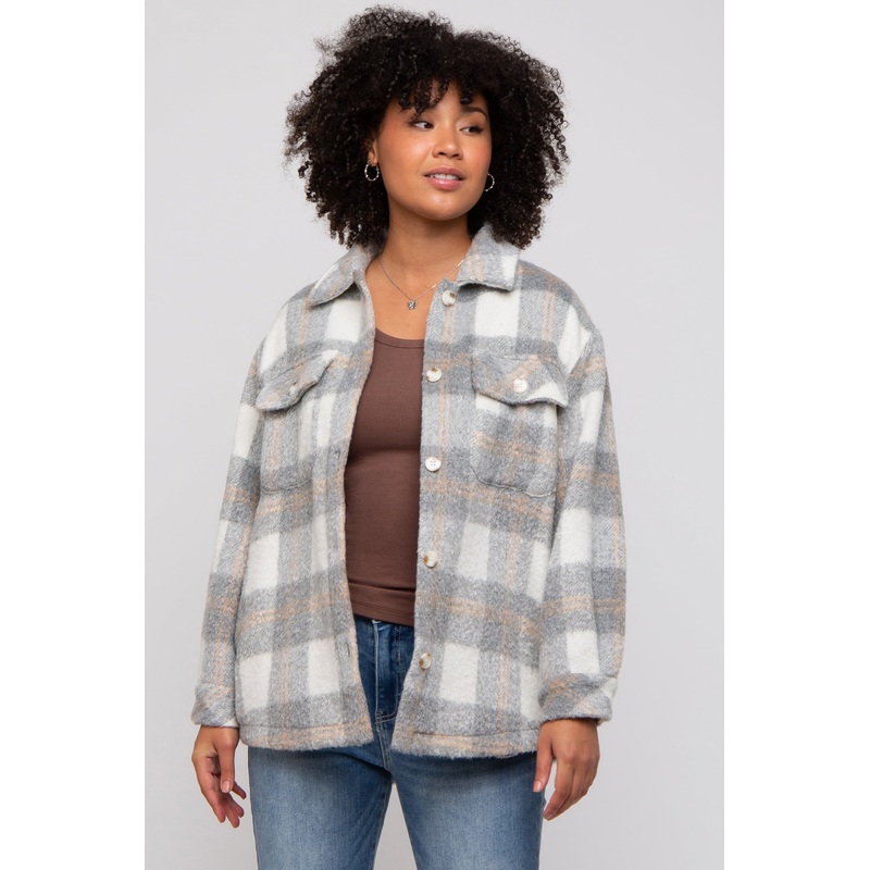 Heather Grey Plaid Fuzzy Button Up Jacket