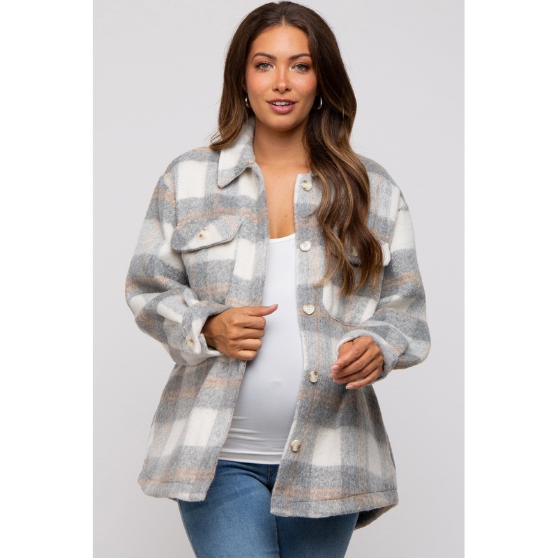 Heather Grey Plaid Fuzzy Button Up Maternity Jacket