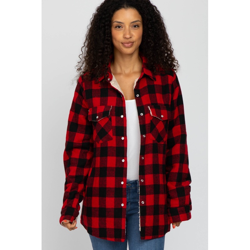 Red Black Plaid Sherpa Lined Jacket