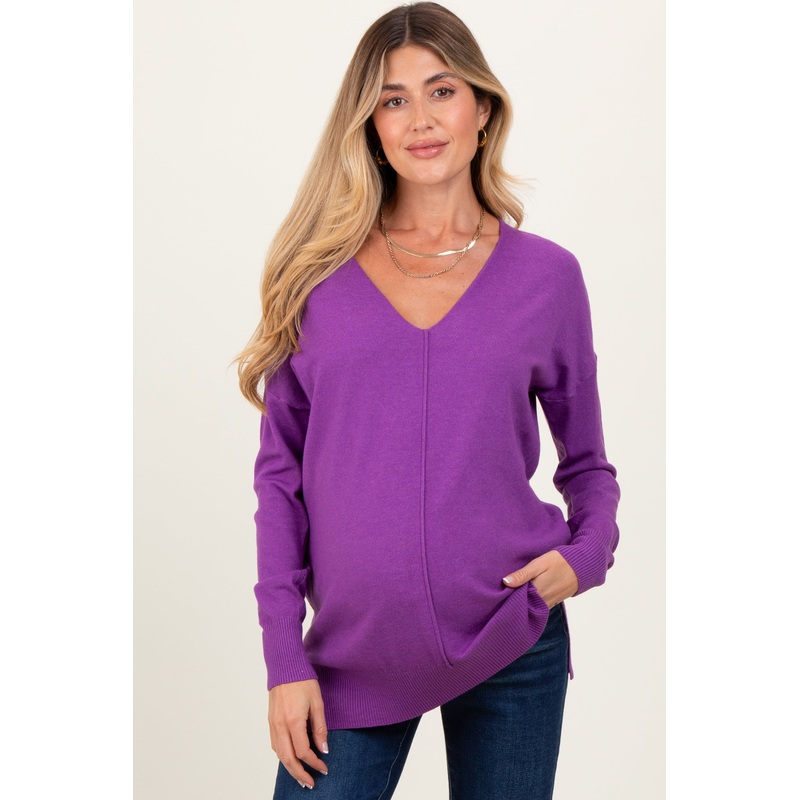 Violet Front Seam V-Neck Side Slit Maternity Sweater