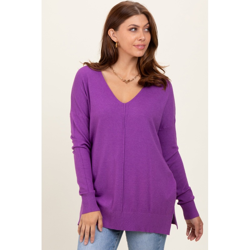 Violet Front Seam V-Neck Side Slit Sweater