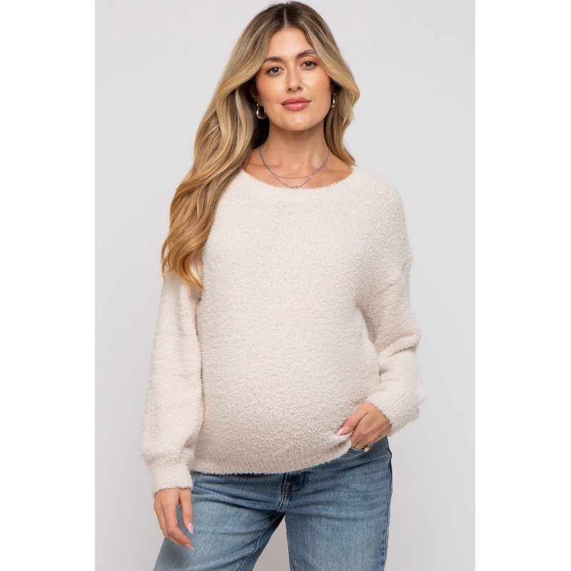 Beige Fuzzy Soft Knit Maternity Sweater