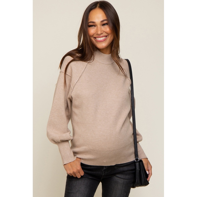 Beige Knit Long Sleeve Mock Neck Maternity Top