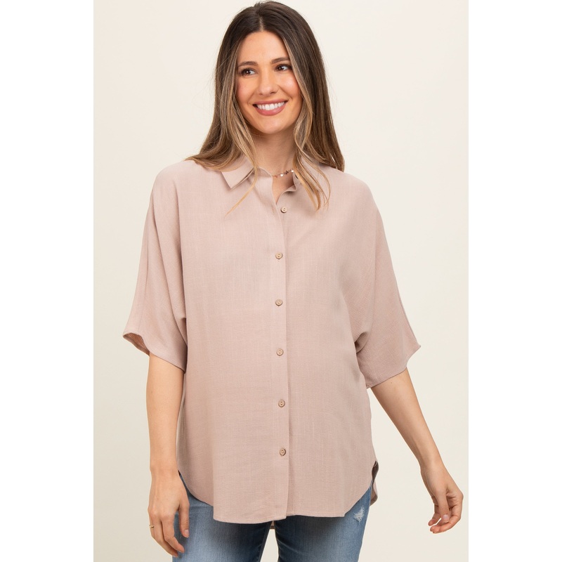 Beige Linen Dolman Half Sleeve Button Down Maternity Top