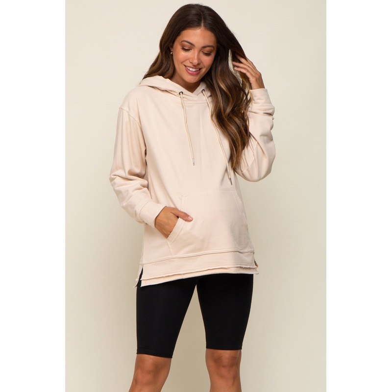 Beige Raw Hem Maternity Hooded Sweatshirt