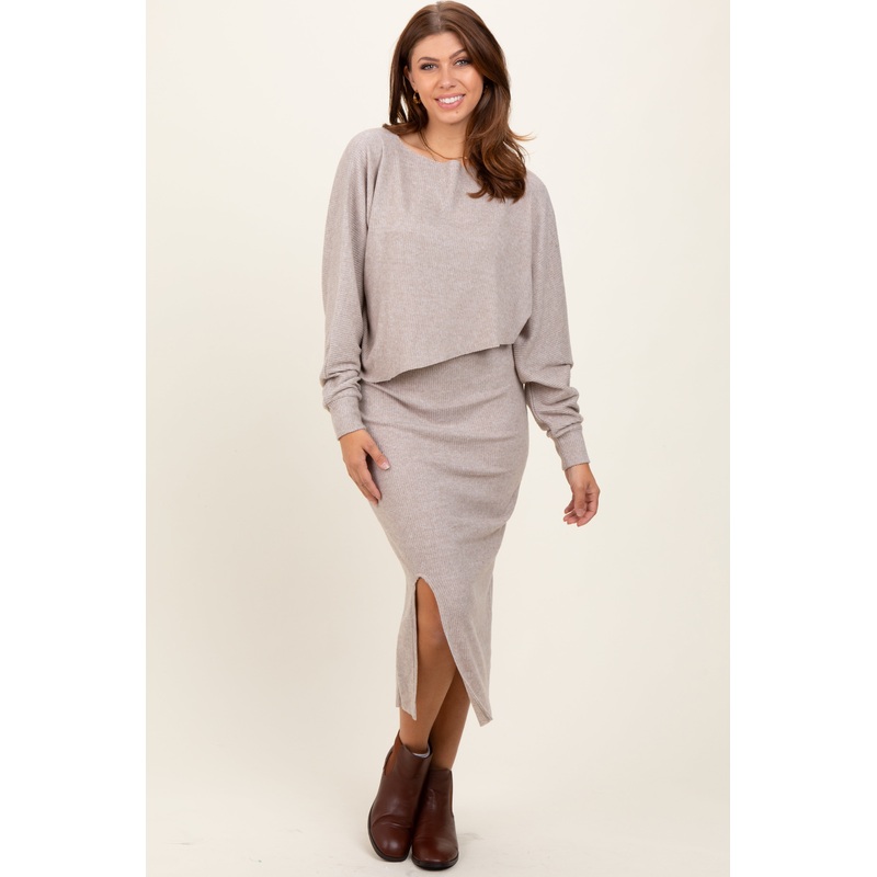 Beige Ribbed Knit Asymmetric Top Midi Skirt Set