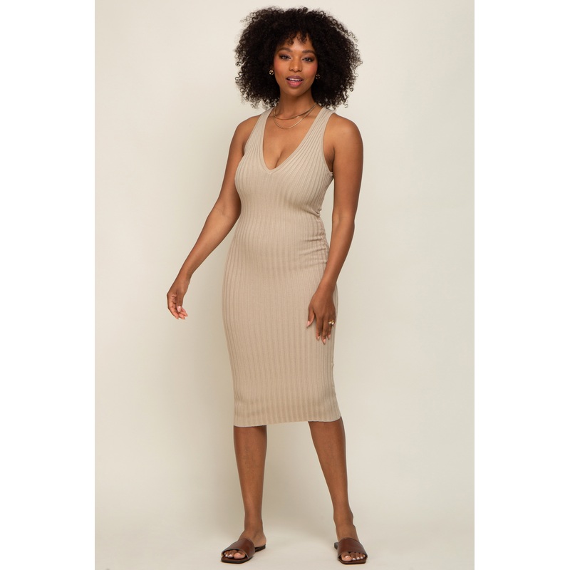 Beige Ribbed Knit Fitted V-Neck Midi Dress