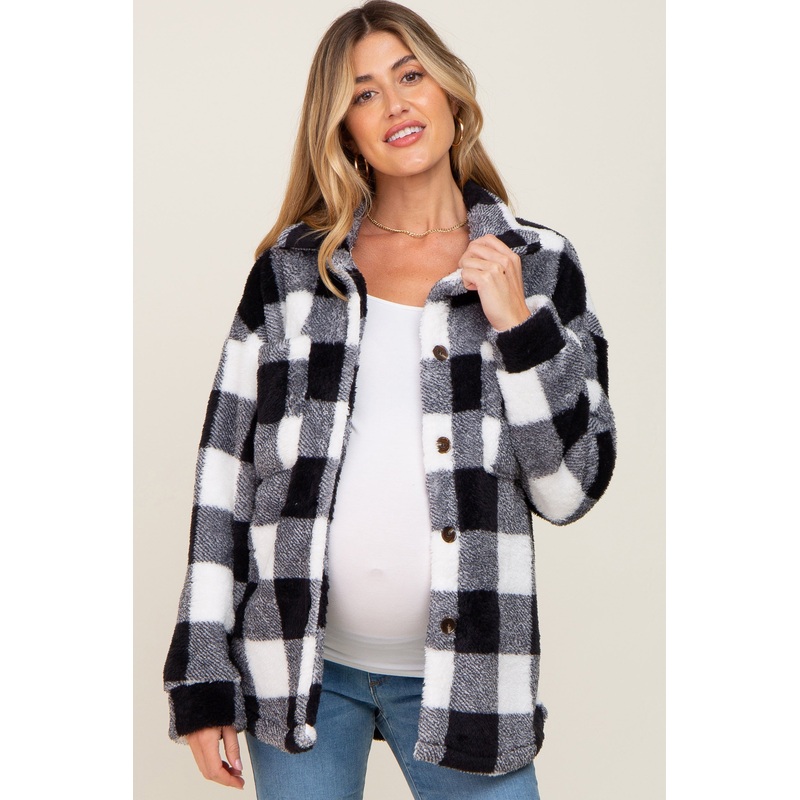 Black Plaid Fuzzy Maternity Shirt Jacket