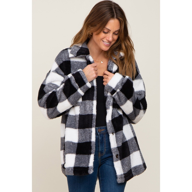 Black Plaid Fuzzy Shirt Jacket