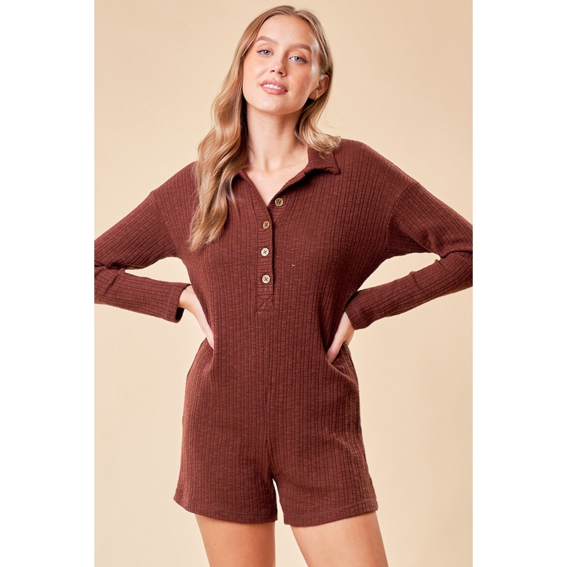 Brown Rib Knit Collared Romper