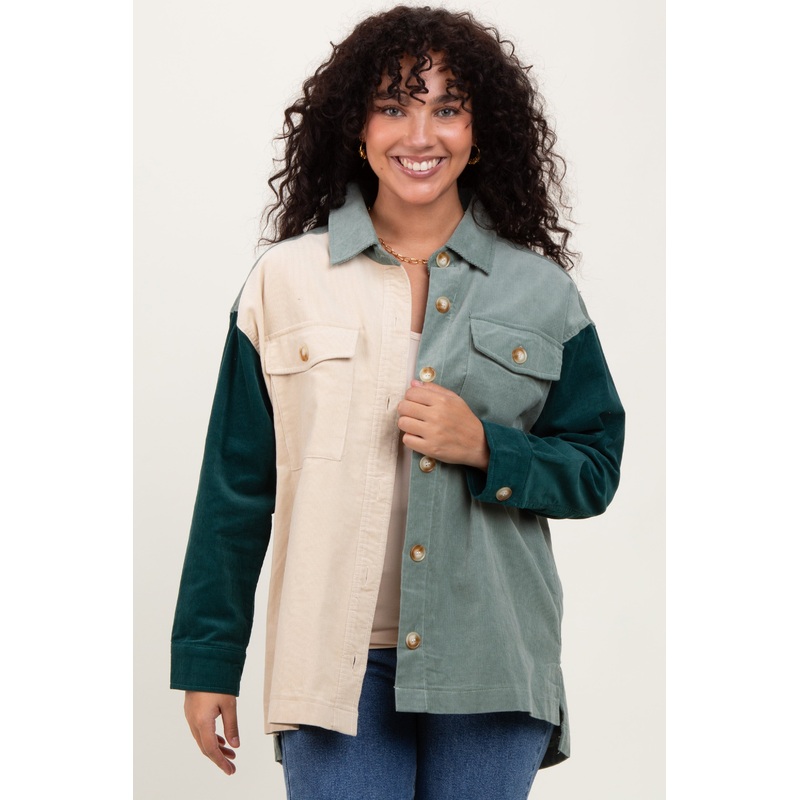 Light Olive Corduroy Colorblock Oversized Shirt Jacket