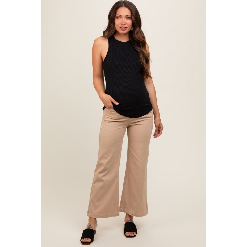 Light Taupe Wide Leg Cropped Maternity Pants