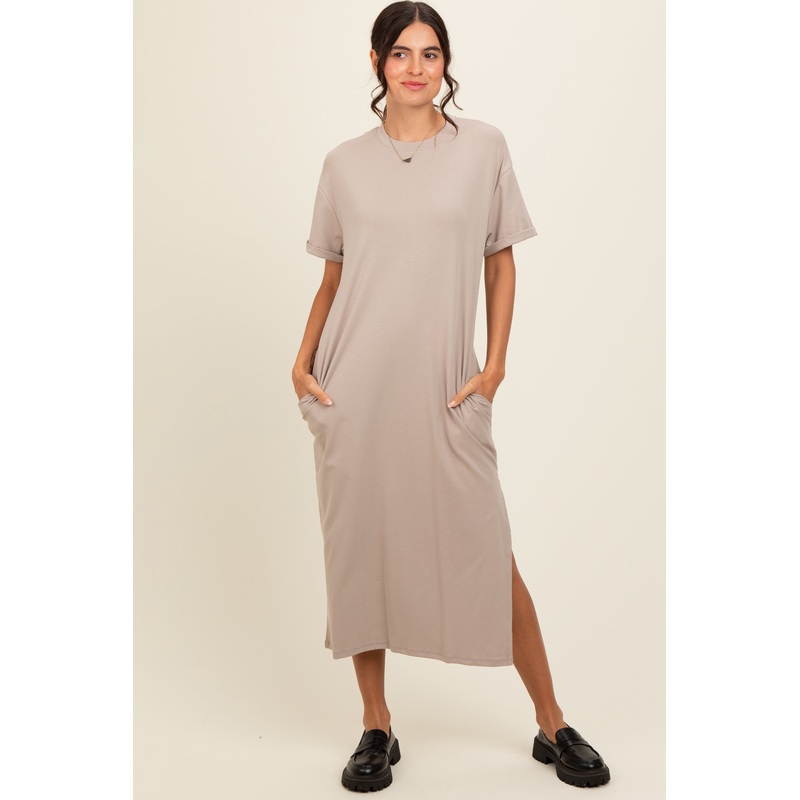 Beige Basic Side Slit Midi Dress