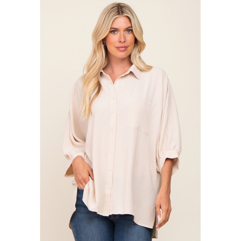 Beige Button Down 3/4 Sleeve Top