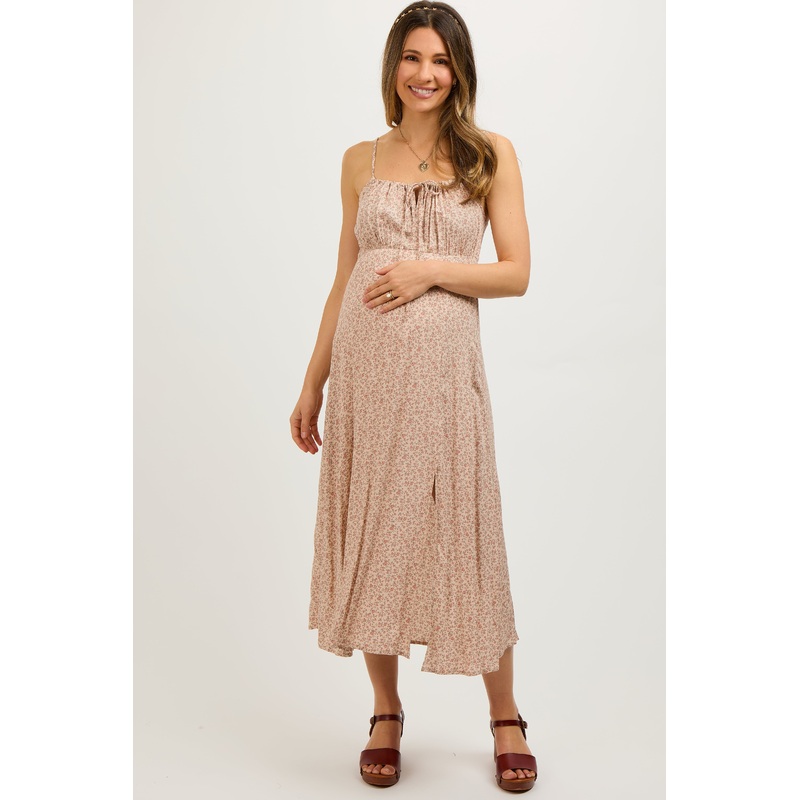 Beige Ditsy Floral Side Slit Maternity Midi Dress