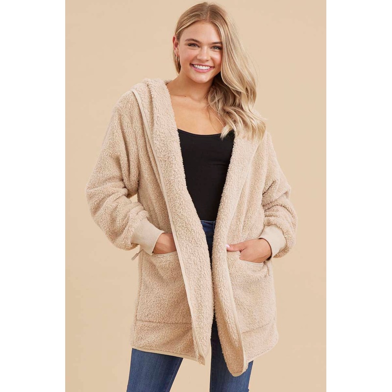Beige Fuzzy Knit Hooded Jacket