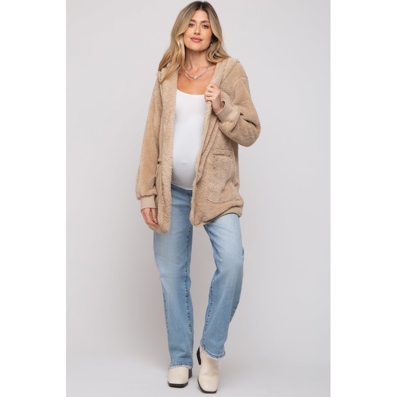 Beige Fuzzy Knit Hooded Maternity Jacket