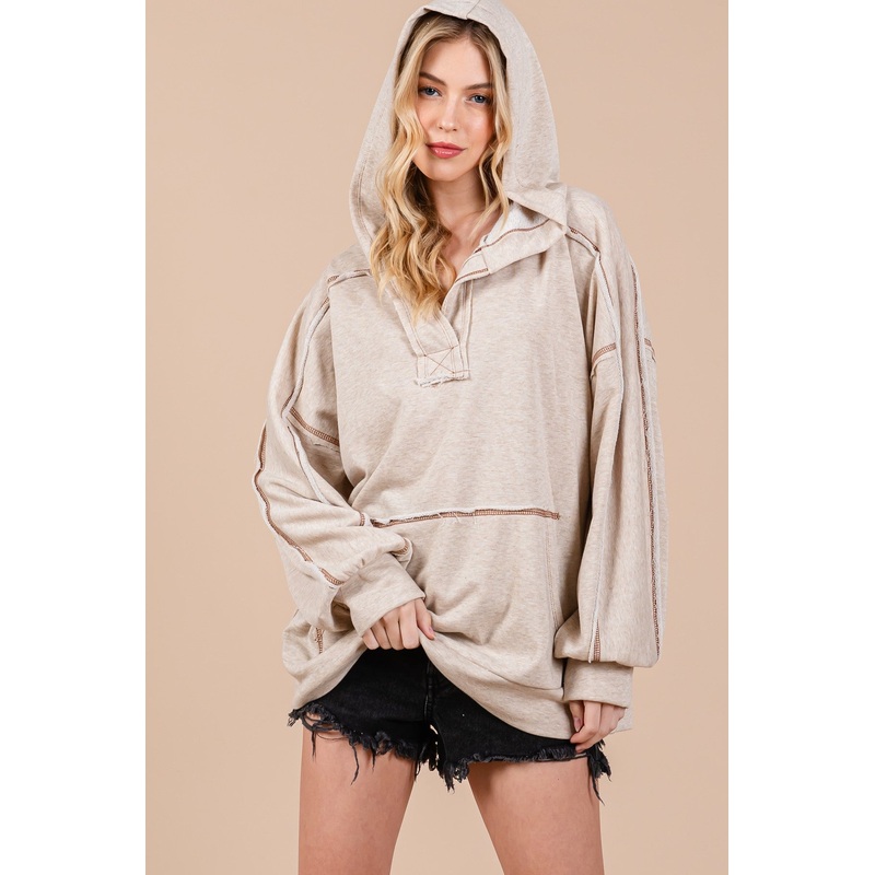 Beige Oversized Raw Hem Hoodie