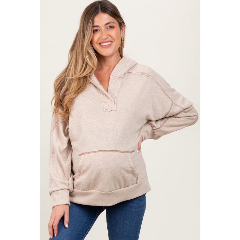 Beige Oversized Raw Hem Maternity Hoodie