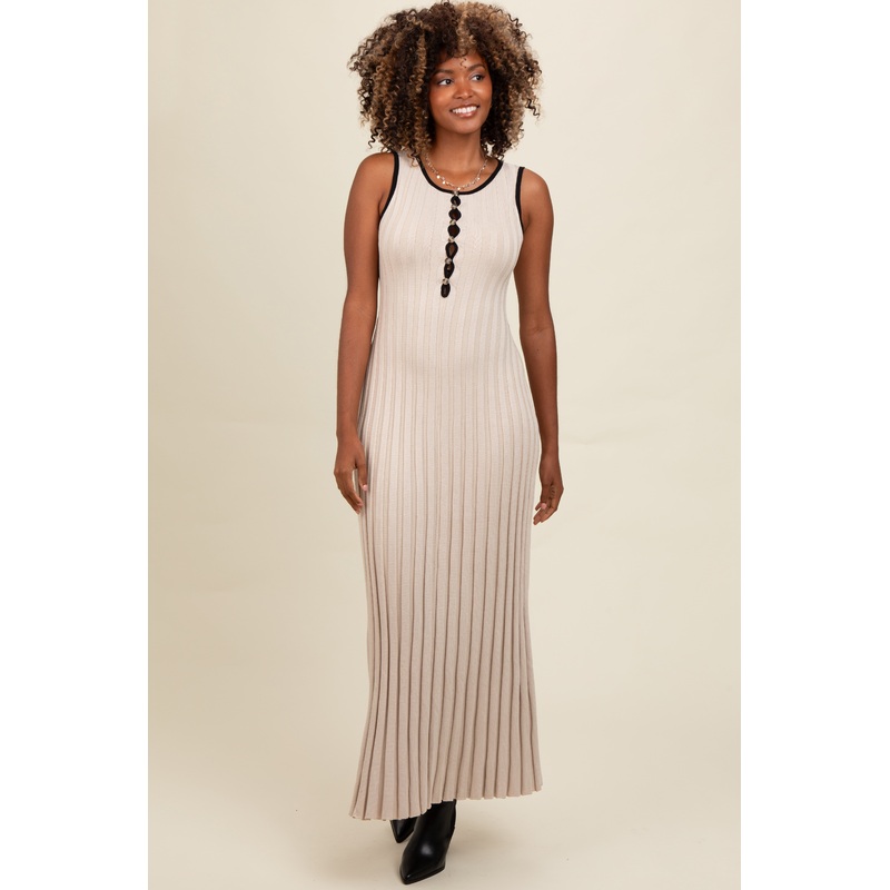 Beige Ribbed Knit Button Detail Sleeveless Maxi Dress