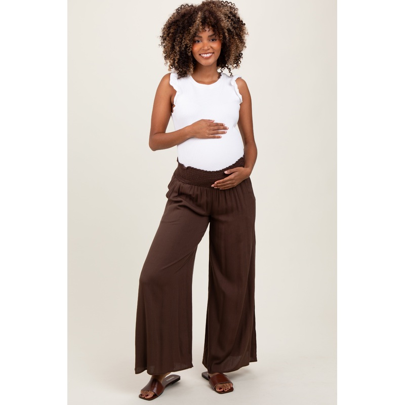 Brown Wide Smock Waist Maternity Pants
