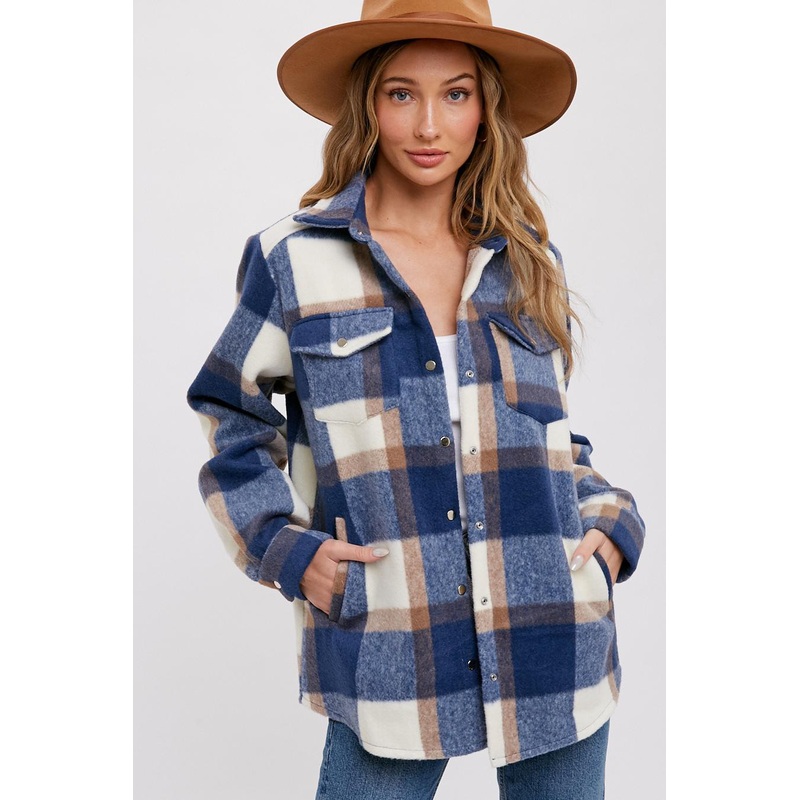 Navy Plaid Fleece Shirt Jacket