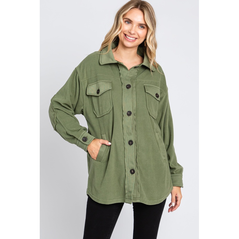 Olive Fleece Double Front Pocket Jacket