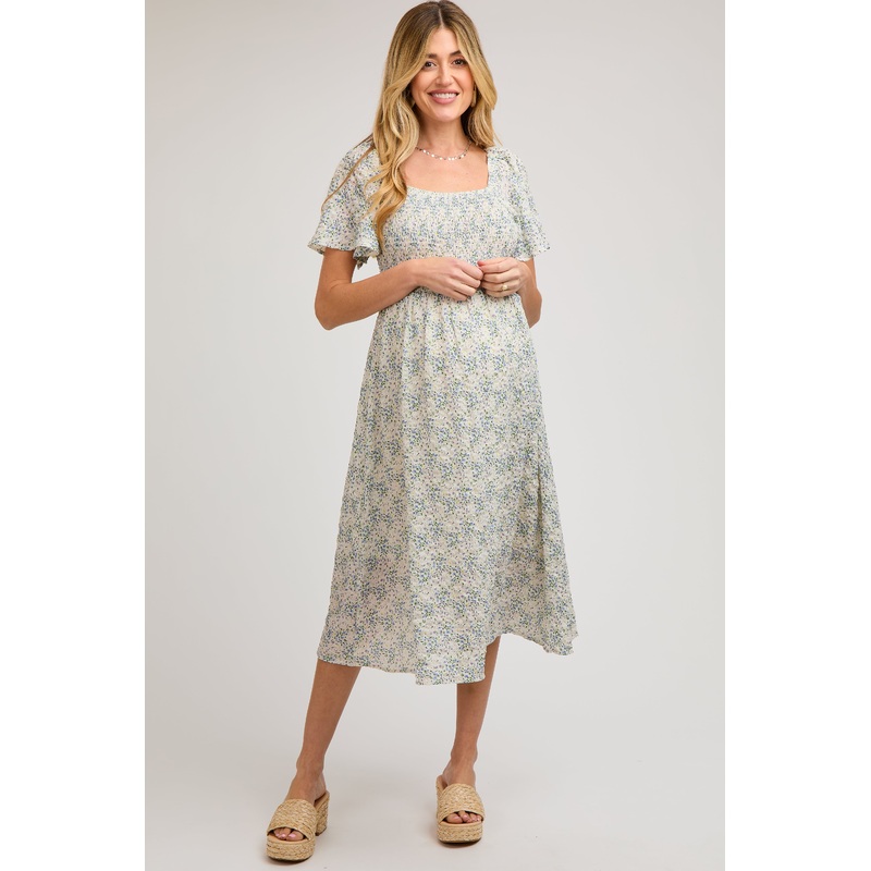 White Floral Square Neck Smocked Maternity Midi Dress