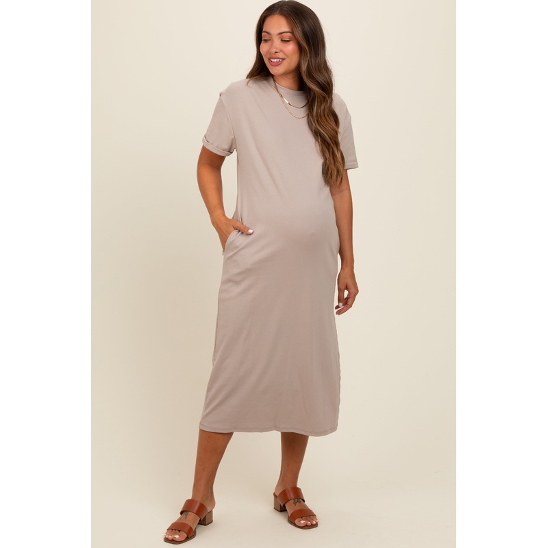 Beige Basic Side Slit Maternity Midi Dress
