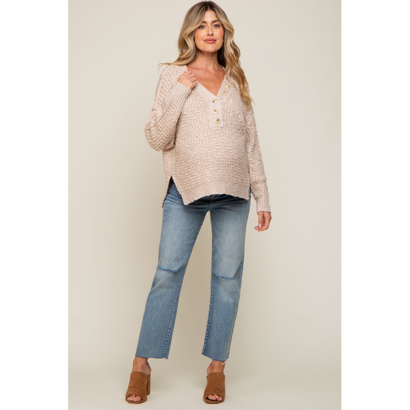 Beige Chunky Knit Button V-Neck Maternity Sweater