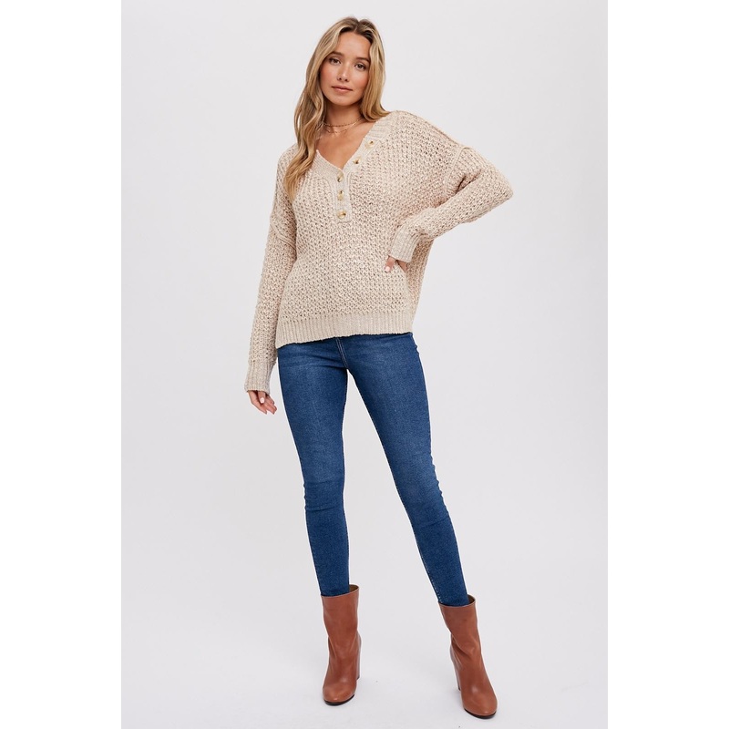 Beige Chunky Knit Button V-Neck Sweater