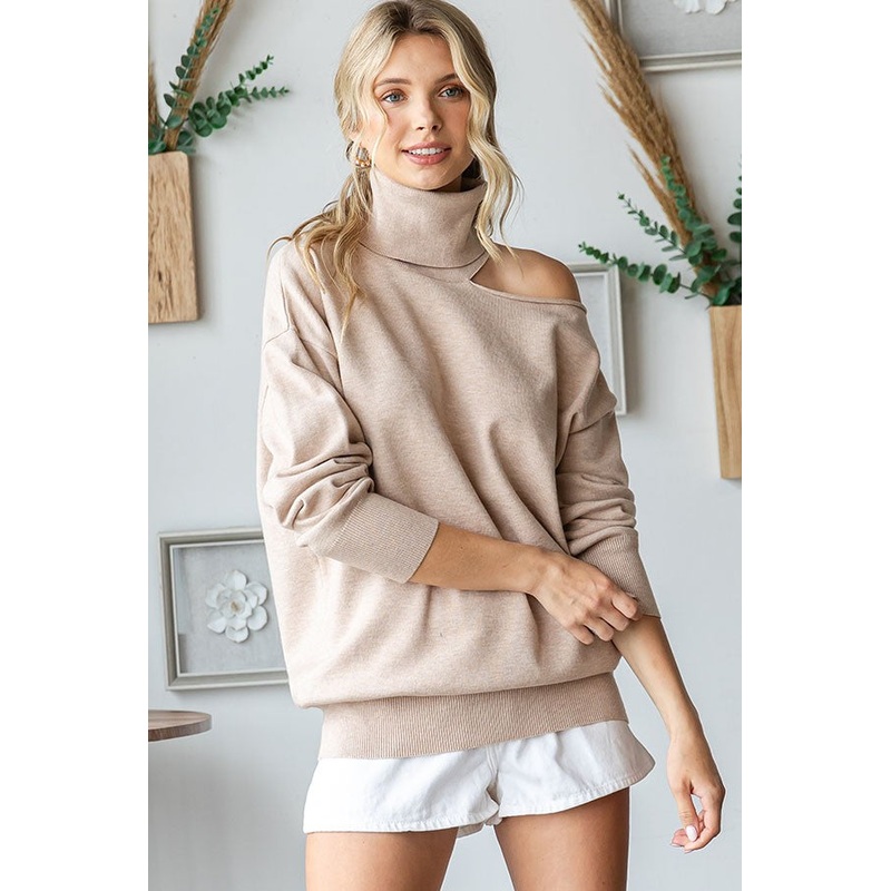 Beige Cold Shoulder Turtle Neck Sweater